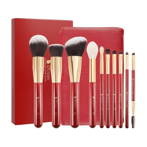 DUcare Makeup Brushes Red 10 Piece Makeup Brush Set with Case Premium Synthetic